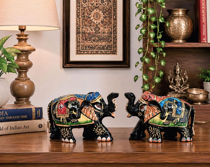 Handcrafted Painted Elephant Figurines, Traditional Wooden Decor, Boho Rustic Accent