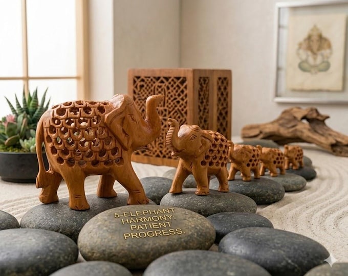 Hand Carved Jali Lattice Elephant Family Set, Boho Wood Sculpture, 5th Anniversary Gift