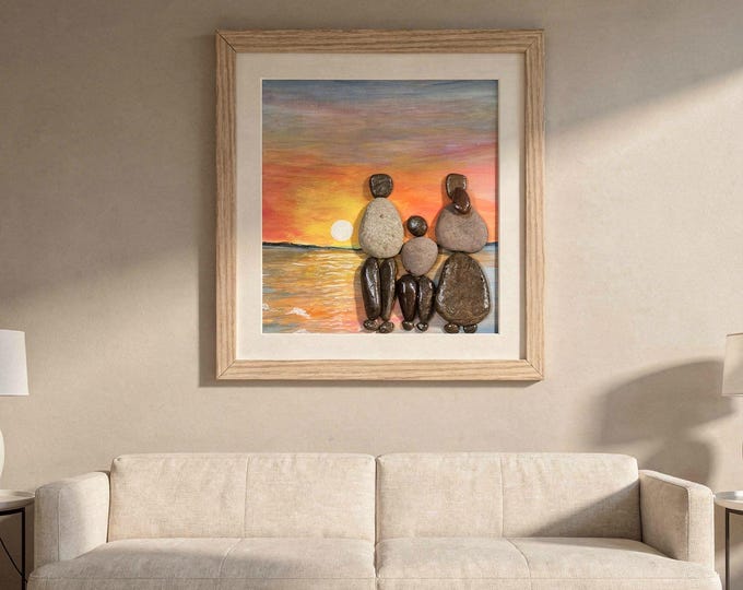 Family Pebble Art Sunset Beach Shadow Box, Hand-Painted Coastal Wall Decor