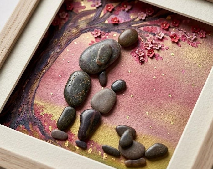 Family Pebble Art Under Blossom Tree, Handmade Stone Wall Decor, Love Togetherness Gift
