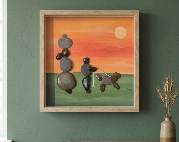Pebble Art Family and Dog Sunset Shadowbox – 3D Stone Wall Decor, Handcrafted Beach Art