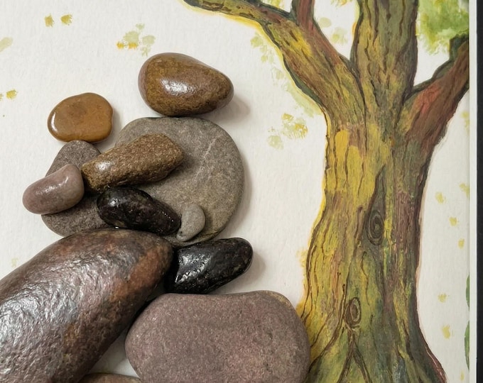 personalised pebble art mothers day, Nature Scene, Rustic Stone Wall Decor, Black Frame Artwork