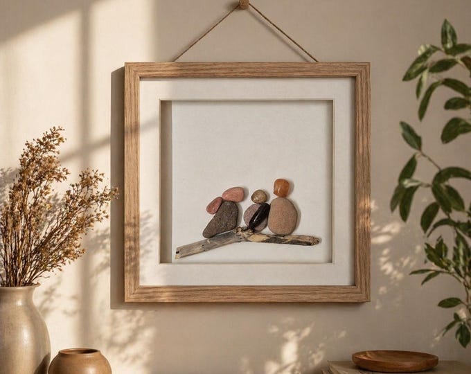 Handmade Pebble Art Family Frame, Rustic Wooden Shadow Box Decor