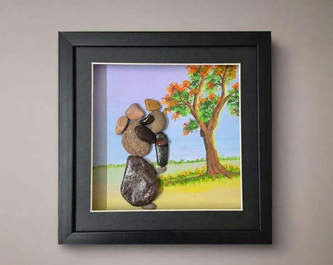 3D Pebble Art Family Tree Shadowbox: Handcrafted Stone Wall Decor, Nature-Inspired Painting