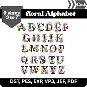 Könnte beinhalten: Ein floral gestaltetes Alphabet mit den Buchstaben A bis Z, jeweils verziert mit rosa und gelben Blumen und grünen Blättern. Der Text "floral Alphabet" ist über den Buchstaben zu sehen. Das Bild enthält auch den Text "9 Größen 3 bis 7" und Dateityp-Abkürzungen.