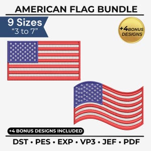 Könnte beinhalten: Ein American-Flaggen-Bundle mit zwei Designs: eine rechteckige und eine wehende Flagge, beide mit roten und weißen Streifen und einem blauen Sternenfeld. Das Bundle bietet 9 Größen von 7,6 bis 17,8 cm sowie 4 Bonus-Designs. Der Bildtext lautet "AMERICAN FLAG BUNDLE".