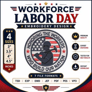 Op de afbeelding: Een digitaal borduurontwerp getiteld WORKFORCE LABOR DAY met een rond embleem van een arbeider met een hamer voor een Amerikaanse vlag. De tekst luidt HONORING THE WORKERS WHO BUILD OUR NATION. Bevat 4 maten: 7,62, 8,89, 10,16 en 11,43 cm.