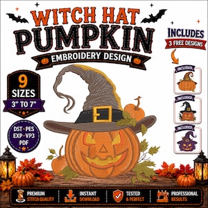 Witch Hat Pumpkin Embroidery Design, Halloween Jack O Lantern Bundle, Spooky Fall Pumpkin Machine Embroidery Pattern, Instant Download