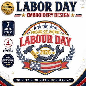 Könnte beinhalten: Ein digitales Stickdesign zum Tag der Arbeit mit einem zentralen Zahnrad, das die Jahreszeit 2026, einen Hammer und einen Schraubenschlüssel zeigt. Das Motiv enthält den Text PROUD OF WORK und LABOUR DAY, umrahmt von Sternen und Lorbeerblättern.