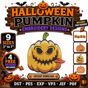 Könnte beinhalten: Eine digitale Stickdatei mit einem gelben Halloween-Kürbis mit gezacktem Mund und herausgestreckter Zunge. Die Grafik enthält den Text HALLOWEEN PUMPKIN EMBROIDERY DESIGNS, 9 GRÖSSEN, 4 KOSTENLOSE DESIGNS und SOFORT-DOWNLOAD.