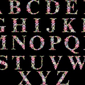 Könnte beinhalten: Das vollständige Alphabet, von A bis Z, wird vor einem schwarzen Hintergrund dargestellt. Jeder Buchstabe ist mit einem floralen Muster verziert, das rosa, blaue und weiße Blumen mit grünen Blättern enthält. Die Buchstaben sind in einer Serifenschrift.