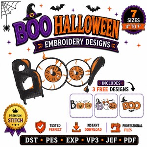 Könnte beinhalten: Halloween-Stickdesigns mit dem Wort "BOO" in einer gruseligen Schriftart, mit Hexenhut und Augäpfeln. Enthält 7 Größen von 10 bis 18 cm. Das Bild enthält auch drei kostenlose Designs.