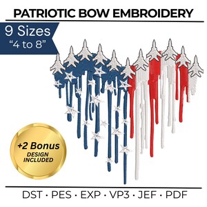 Könnte beinhalten: Patriotisches Schleifenstickmuster in Herzform in Rot, Weiß und Blau, das an die amerikanische Flagge erinnert. Das Design umfasst Sterne und Düsenjets mit Größen von 10,16 bis 20,32 cm. Enthält Bonusdesigns.