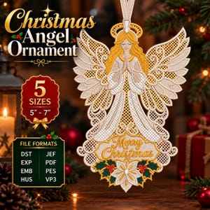 May include: An embroidered Christmas angel ornament featuring golden hair, a halo, and white wings with intricate lace-like patterns. The base displays the text Merry Christmas above a poinsettia and holly leaves. The design includes 5 sizes from 5 to 7 inches.