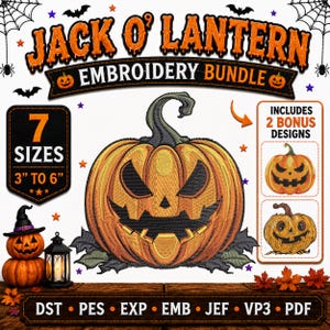 Könnte beinhalten: Ein Jack O' Lantern Stickpaket mit einem zentralen orangefarbenen Kürbisdesign mit geschnitztem Gesicht, umgeben von Halloween-Grafiken, Text mit 7 Größen von 7,6 cm bis 15,2 cm und Dateiformaten wie DST, PES, EXP, EMB, JEF, VP3 und PDF.