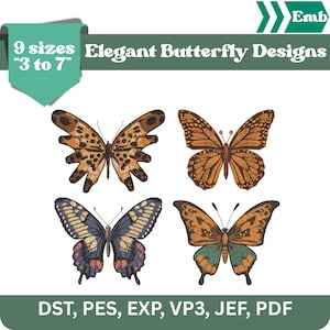 Könnte beinhalten: Das Bild zeigt vier elegante Schmetterlingsdesigns in verschiedenen Farben und Mustern. Die Designs sind in 9 Größen von 7,6 bis 17,8 cm erhältlich. Das Bild listet auch die Dateiformate: DST, PES, EXP, VP3, JEF und PDF auf.
