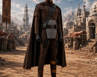 Desert Rebel Sci Fi Kostüm Set, Braunes Kapuzen Cape Outfit, Frontier, Futuristisches Nomadenkostüm
