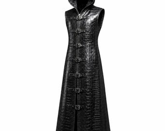 Schwarzer Krokodil Leder Weste Mantel, Gothic Langer Umhang, Vampir Cosplay Outfit, Dark Fantasy Kostüm
