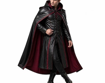 Gothic Vampire Cloak for Men – Black Hooded Cape with Red Lining