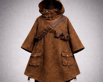 Poncho/capa de aventura marrón con capucha hecho a mano – Capa de guardabosques rústica de fantasía,