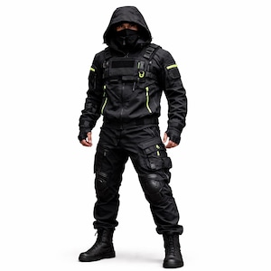 Könnte beinhalten: Schwarzes taktisches Outfit mit Kapuzenjacke, Gesichtsbedeckung und Cargohose. Die Jacke hat neongelbe Akzente und mehrere Taschen. Die Hose hat Knieschützer und zusätzliche Taschen. Das Outfit umfasst schwarze Stiefel und fingerlose Handschuhe.