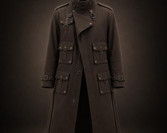 Dunkelbrauner Gothic Military Trenchcoat für Herren mit Schnallenriemen - Cyberpunk Duster Jacket