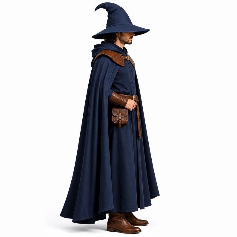 May include: A dark blue hooded cloak and matching pointed hat worn with brown leather shoulder armor, a brown leather belt with a buckle, a small brown leather pouch, and brown leather boots. The ensemble features a long, flowing dark blue robe.