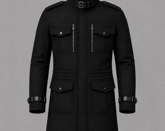 Schwarze Militär Trenchcoat Männer, Offizier Langer Mantel, Gothic Jacke, Cosplay Oberbekleidung