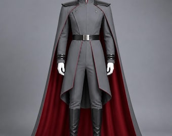 Imperial Commander Cosplay Costume: Grey Military Uniform with Red Lined Cape