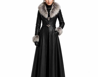 Schwarzer Leder Maxi Trenchcoat, Kunstpelzkragen, Gothic Jacke im Viktorianischen Stil