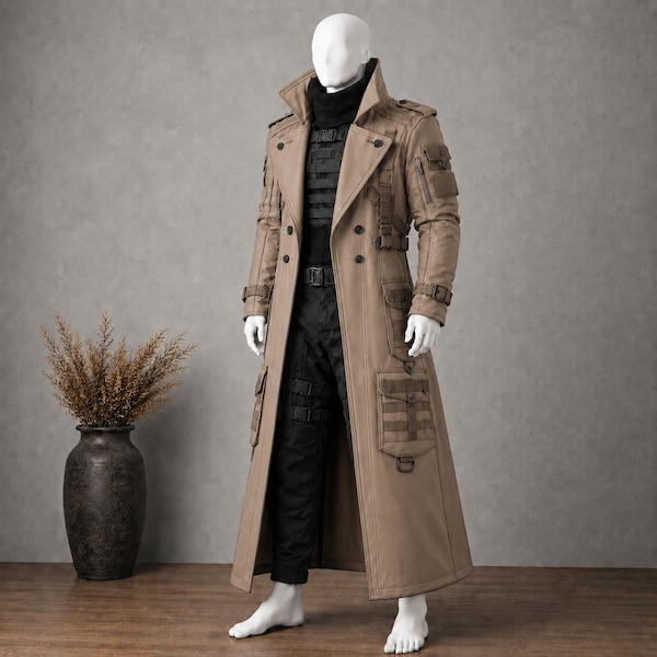 Cyberpunk taktisk trenchcoat, postapokalyptisk dusterjacka, brun lång cosplayjacka i kanvasstil