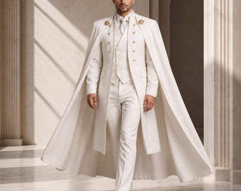 May include: A formal white ensemble consisting of a long-sleeved coat with an attached floor-length cape, a button-down vest, and matching trousers. The coat features gold-toned buttons and decorative gold accents at the shoulders.
