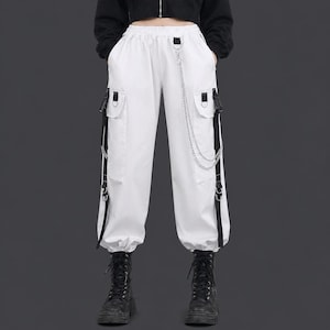 White Techwear Cargo Jogger Pants with Chains & Straps – Unisex Streetwear Trousers
