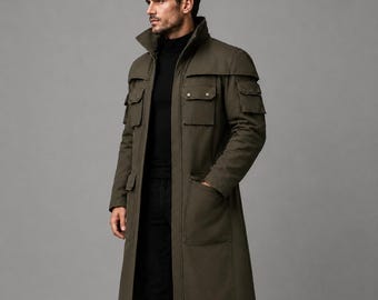 Olivgrüner taktischer Trenchcoat für Herren, lang, im Militärstil, Gebrauchsjacke, Cargo-Taschen-Oberbekleidung