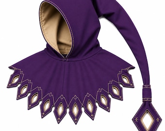 Purple Fantasy Hooded Cowl | Long Pointed Elf Hood, Medieval Cosplay Capelet