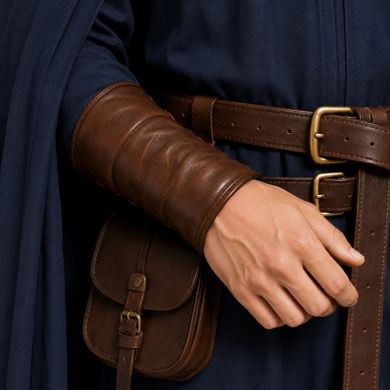 May include: A dark brown leather forearm bracer, a matching brown leather belt with two brass-toned buckles, and a small brown leather pouch with a buckle closure, all worn over a dark navy blue garment with a draped fabric element.