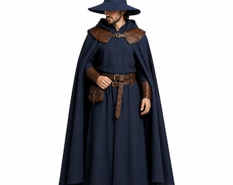 May include: A dark blue hooded cloak and matching pointed hat, featuring brown leather-like shoulder pauldrons, a brown belt with a small attached pouch, and brown wrist gauntlets. The ensemble includes a long, dark blue robe with a front zipper.