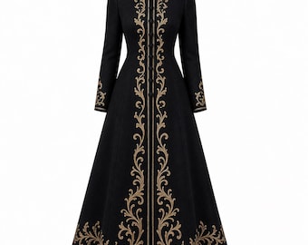 Schwarzer gestickter Wolllanger Mantel - Victorian Gothic Steampunk Oberbekleidung