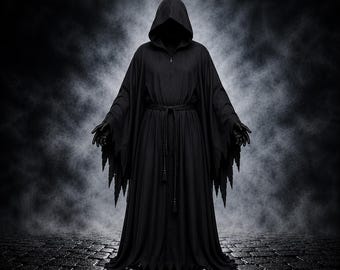 Schwarze Phantom Robe mit Kapuze, Gothic Reaper Cloak, Halloween Cosplay Outfit