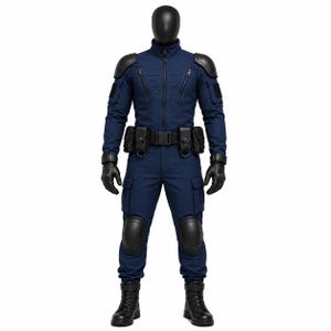 May include: A dark blue tactical jumpsuit featuring a high collar, front zipper, and black protective shoulder and knee pads. The outfit includes a black utility belt with multiple pouches, black gloves, and black lace-up combat boots on a mannequin.