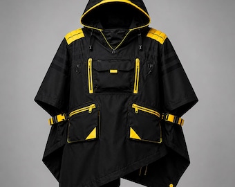 Cyberpunk Techwear Poncho Umhang | Schwarz GelbUsety Kapuzencape, Streetwear Jacke