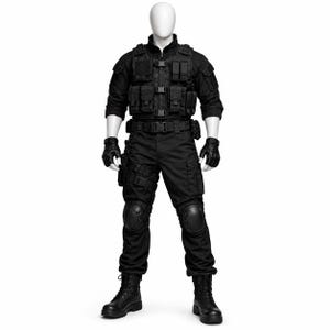 Puede incluir: Un uniforme táctico negro exhibido en un maniquí. El atuendo incluye una chaqueta, un chaleco táctico, pantalones con rodilleras, guantes y botas de combate. El chaleco tiene múltiples bolsillos y los pantalones tienen bolsillos. El maniquí tiene una cabeza blanca.