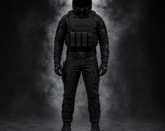 Schwarzer Taktischer Kampfanzug, Kapuzen Techwear Cosplay Outfit, Baumwoll Canvas Streetwear