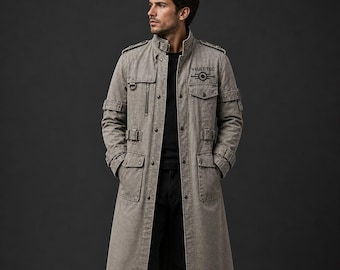 Herren Fallout Vault-Tech Trenchcoat, Post-Apokalyptische Cosplay Jacke, Segeltuchmantel