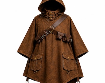 Herren Kapuzen Mittelalter Umhang, Brauner Baumwolle Fantasy Waldläufer Poncho, Gothic Cosplay Kostüm