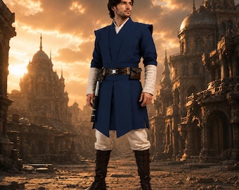 Blau Jedi inspiriert Tunika Kostüm für Männer, Sci Fi Krieger Cosplay Outfit, Fantasy Robe