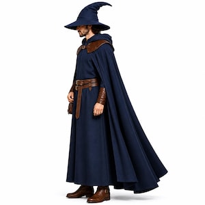 May include: A dark blue hooded cloak and matching pointed wizard hat. The cloak features brown leather shoulder pauldrons, a brown leather waist belt with a buckle, and brown leather wrist bracers. The ensemble is completed with brown leather boots.