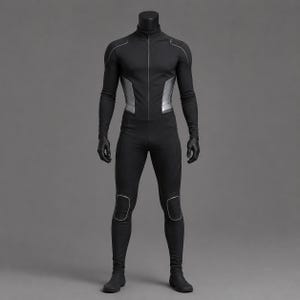 May include: A black full-body jumpsuit featuring a high collar with a central zipper, long sleeves, and fitted trousers. The garment includes silver-toned side panels at the waist and silver-toned piping accents on the shoulders and knees.