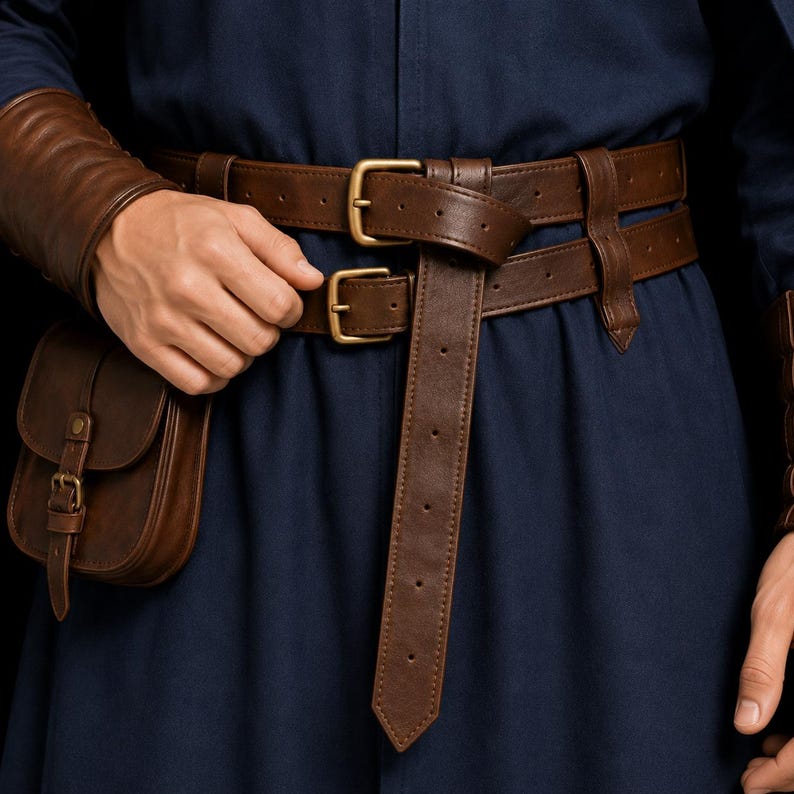 May include: A dark brown leather double belt system worn over a navy blue garment. The belts feature brass-toned buckles and a matching leather pouch attached to the side. The leather has a smooth finish with visible stitching along the edges.