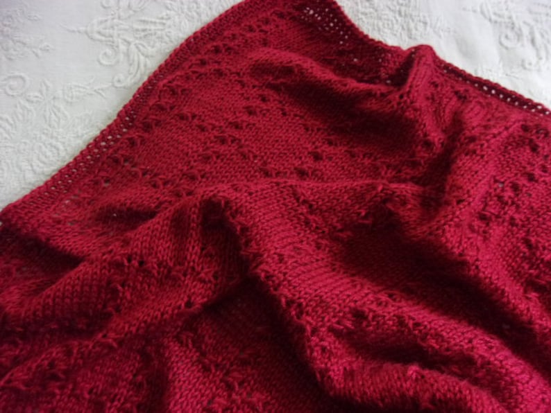Autumn Red Hand knit baby blanket Elegant pattern with hand crocheted border made to order